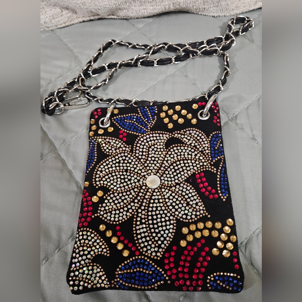 Source Unknown Black and Multicolor Floral Beaded Crossbody Bag